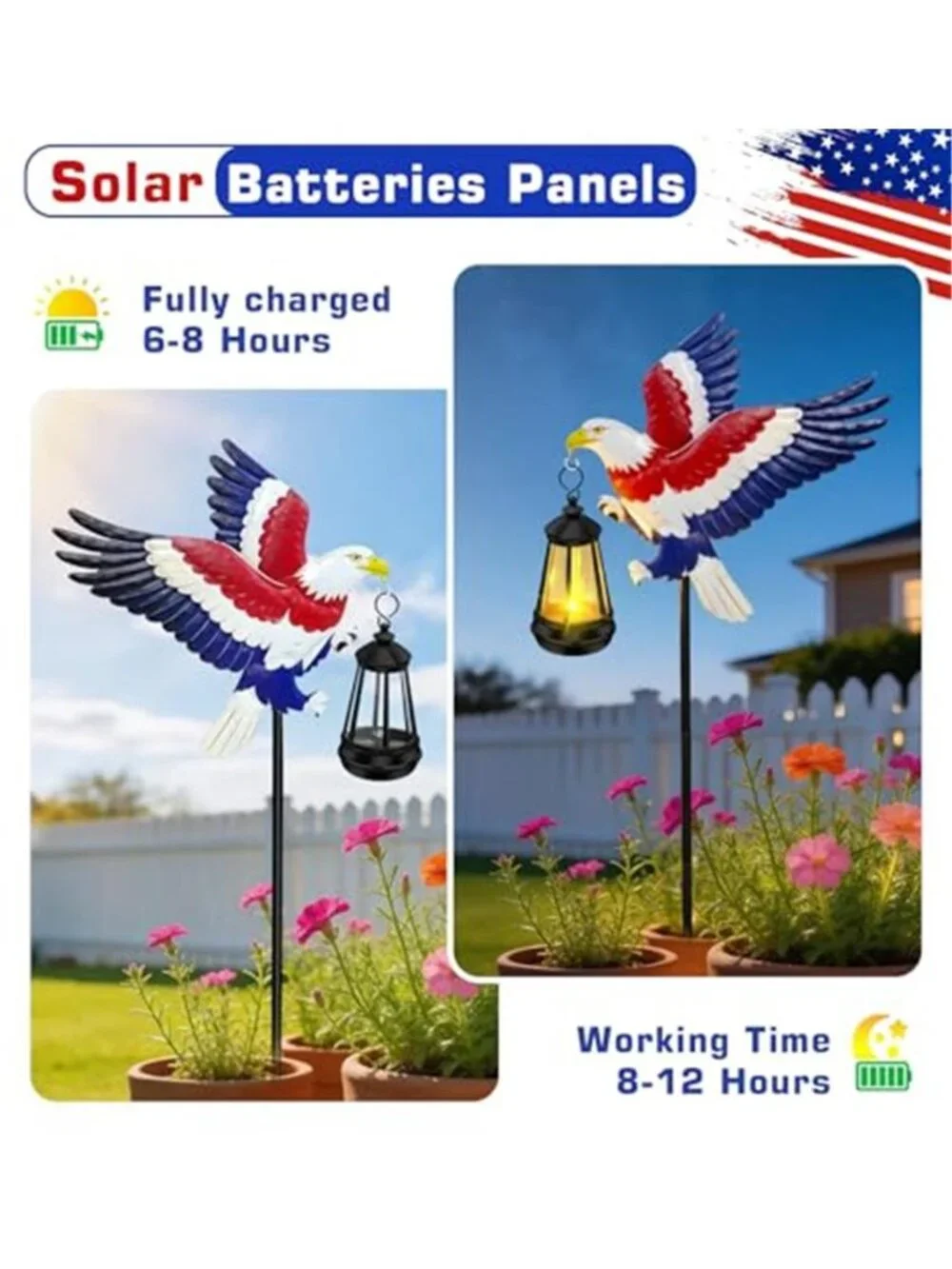 2 Pack 4th of July Decoration Solar Light Solar Eagle Garden Lights with Lantern
